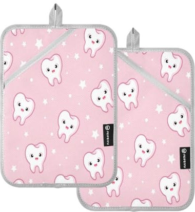 Kcldeci Topflappen-Set, Zähne auf einem rosa, hitzebeständigen Ofen-Pad mit Taschen, rutschfester Griff, große Topflappen für Küche, Backen, Kochen, 2 Stück