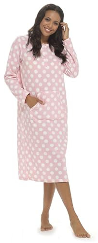 Women’s Long Sleeve Nightdress Winter Nighties - Ladies Cozy Fleece Thermal Nighty with Button Opening & Kangaroo Pockets - Stylish and Comfortable Women Sleepwear (Pink, 18-20)