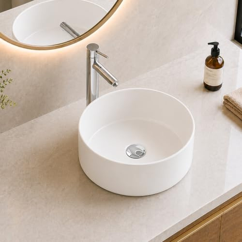 BELOFAY Counter Top Bathroom Sink Basin – Modern White Ceramic Wash Basin with Scratch-Resistant Gloss Surface – Sink basins for Cloakroom, Vanity Cabinet and Bathrooms(Round Without Over-Flow)