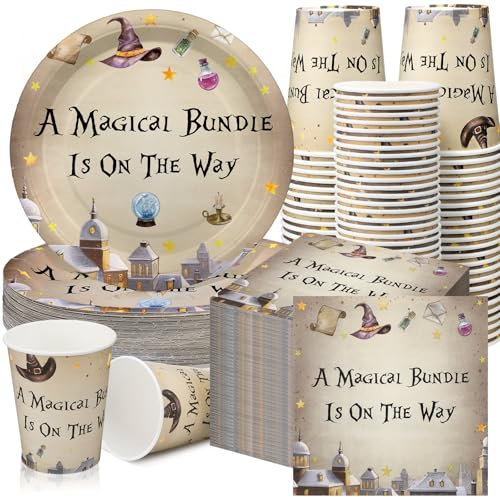 Hushee 200 Pcs Magical Wizard Baby Shower Paper Plates Napkins Cups Baby Shower Party Supplies Tableware Set Magical Wizard Theme Disposable Cup Napkin for 50 Guest Sets Party Decoration Boy Girl