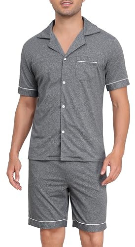 Sopesil Pyjamas for Men Cotton Shorts Sets Button Down Men's Pjs Short Sleeve Soft Sleepwear Soft Loungewear Comfy with Pockets, Grey, XL