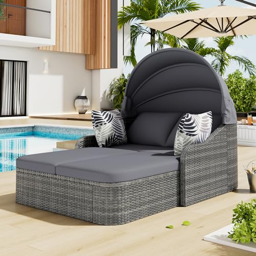 Zepneiy Bain de Soleil Jardin Exterieur, Salon de Jardin Exterieur 2 Personnes en Rotinn avec auvent réglable, Chaise Longue de terrasse Toutes Saisons, Double Lounge avec 4 Coussins