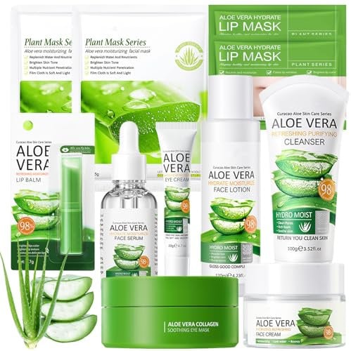 Aloe Vera Skincare Set 11 Pezzi con Tonico,Detergente,Siero,Crema,Maschera,Balsamo per Labbra,Dischetti Oculari,Kit per la Cura della Pelle Aloe Vera per Adolescenti Ragazze e Donne