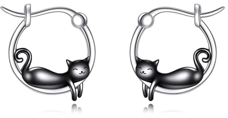 Katze Ohrringe Sterling Silber Schwarz Katze Creolen Niedliche Tierschmuck Geschenke für Damen