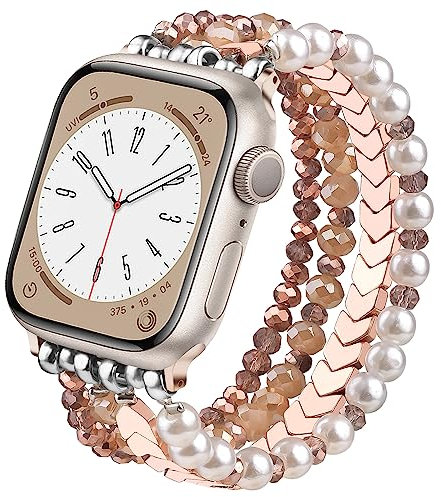 V.R.HOPE Cinturino di perle compatibile con Apple Watch da 38 mm, 40 mm, 41 mm, 42 mm, da donna alla moda, elastico ed elastico, adatto per iWatch SE e Series 10, 9, 8, 7, 6, 5, 4, 3, 2, 1 rosa