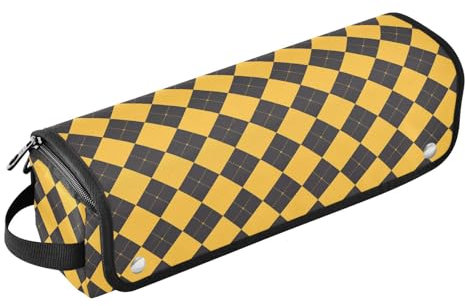 Tablero de ajedrez amarillo y negro 2 en 1, organizador de herramientas para el cabello con almohadilla resistente al calor, impermeable, portátil, abierto, bolsa de viaje para planchas planas