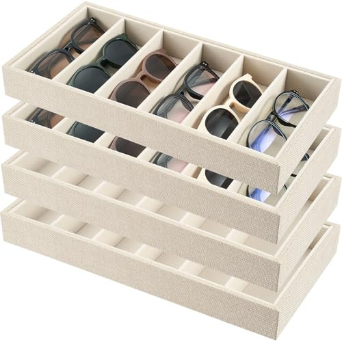 Juexica 4 Pcs Velvet Sunglasses Organizer Tray 6 Grid Sunglass Organizer Velvet Tray Stackable Glasses Display Case for Women Glasses Jewelry Display Watch (Linen)