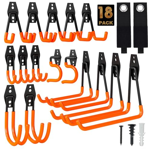 TECHSHARE Garage Hooks, 18 Pack Heavy Duty Hooks, 6 Sizes Shed Hooks for Garden Tools, Ladder Hanging, Garage Storage(Orange Wall Hook)