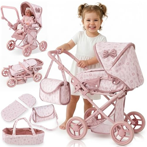 Kinderplay 3 in 1 Puppenwagen mit Tragetasche, höhenverstellbarer Kinder Puppenwagen 36,5–64 cm, klappbarer Spielzeug Kinderwagen mit leisen Schaumrädern, für Puppen bis 40 cm, ab 3 Jahren