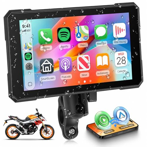 Rimoody Wireless Carplay Display Motociclo Android Auto,5 Touchscreen Car play Autoradio Portatile per Motorbike CarPlay Monitor per Moto Bluetooth/IP68 Impermeabile/Monitoraggio pressione pneumatici