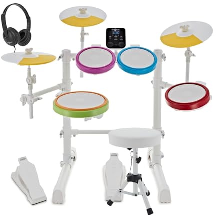 Junior-E-Drum-Set mit Kopfhörern und Hocker von Gear4music, Weiß | Enthält Drumsticks Hocker und Junior-Kopfhörer, Mesh-Felle für Realistische Ansprache, 44 Songs und 31 Kits, Weiß