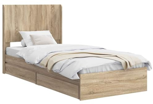 vidaXL Bettgestell mit Stauraum und Kopfteil Sonoma-Eiche 90 x 200 cm, Moderner Schlafzimmerstauraum-Bett, rechteckiger Rahmen, schickes Latten-Design, platzsparendes Möbelstück