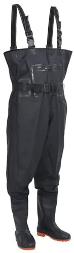 QUAHEAS Wathose mit Stiefeln und Gürtel Schwarz aus PVC-beschichtetem Polyester Größe 42 verstellbare Hosenträger wasserdicht atmungsaktiv für Angeln Jagd Outdoor Komfort