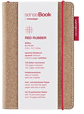 transotype senseBook RED RUBBER Design Notizbuch, small - ca. A6, kariert, weitere Varianten auswählbar, mit rotem Gummiband, edles Rinderleder