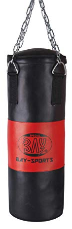 BAY BOXSACK Solo Fighter 9 Kilo 80 gefüllt mit Stahl Kette Leder-PU Drehwirbel für Damen Herren Jugendliche Kinder, Sandsack, Kids Junior Teens, schwarz/rot, fertig gefüllter + Stahlkette, klein