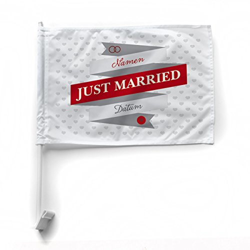 Herz & Heim® Autofahne zur Hochzeit - Just Married - mit Aufdruck der Namen u. Datum
