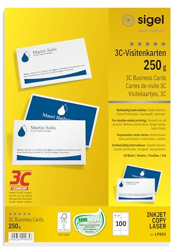 SIGEL LP853 Visitenkarten 3C, 100 Stück (10 Blatt), beidseitig bedruckbar, hochweiß, glatter Schnitt rundum, 250 g, 85x55 mm