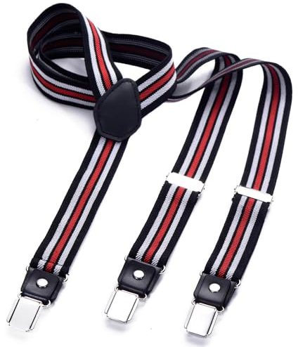 DonDon Hosenträger Herren getreift schwarz rot weiß schmal 2,5 cm - Extra starke Clips für Anzug - Hosenträger Herren extra stark - Ideal für Männer oder Damen Rockabilly Suspenders