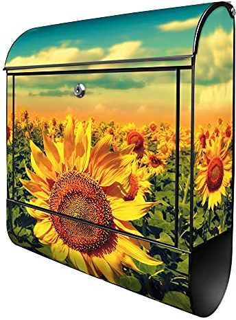 banjado® Design Briefkasten mit Sonnenblumen 38,5x46,5x13cm & 2 Schlüssel - Briefkasten Stahl schwarz mit Zeitungsfach pulverbeschichtet - Postkasten A4 Einwurf inkl. Montagematerial