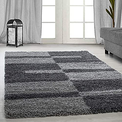 Ayyildiz Teppich-Hochflor Shaggy Teppich Karo Linien Muster Flauschig , Polypropylen, Grau, 200 X 290