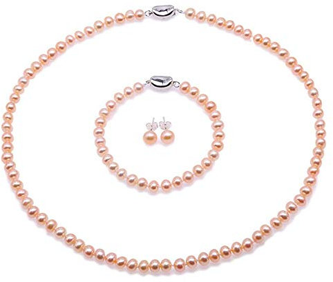 JYX Set di collana di perle AA+ 6-7 mm di perle d'acqua dolce naturali rosa coltivate collana e orecchini set per le donne e Argento, colore: Set da 3., cod. FPS274