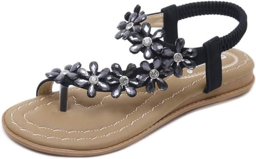 Zoerea Damen Sandalen Flach Sommer Bohemian Blume Strass Urlaub Sommerschuhe, Schwarz, Gr.- 38 EU/ Herstellergröße- 39