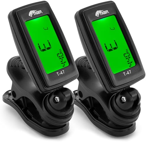 Tiger T-47 Clip On Tuner Digital Chromatic Tuner For Acoustic, Electric, Bass Guitars, Banjo, Ukulele, Violin – 2 Pack