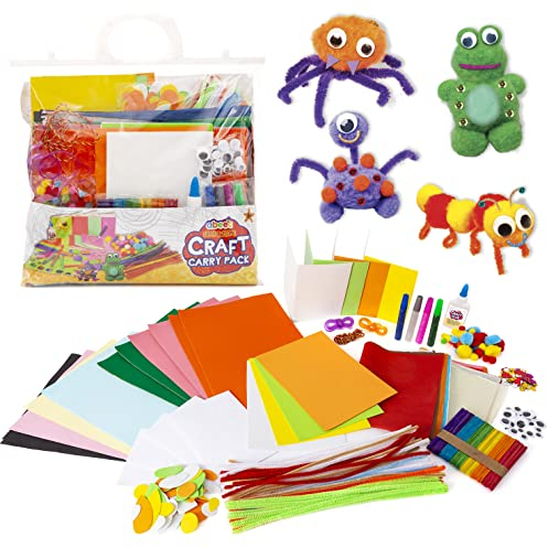 abeec Craft Carry Pack - Children's Art and Craft Kit - Contains Lolly Sticks for Craft, Pipe Cleaners, Googly Eyes, PVA Craft Glue, Pom Poms, Plus Assorted Craft Paper