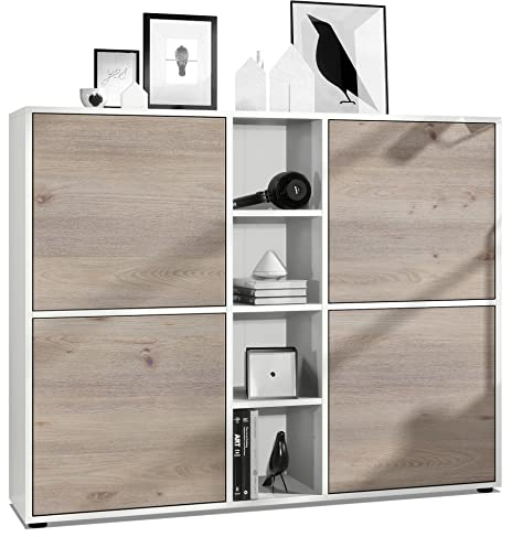 Vladon Highboard Cuba V3, Made in Germany, Weiß matt/Eiche Nordic - Moderne Anrichte mit 12 Fächern (130,5 x 105,5 x 35,5 cm)