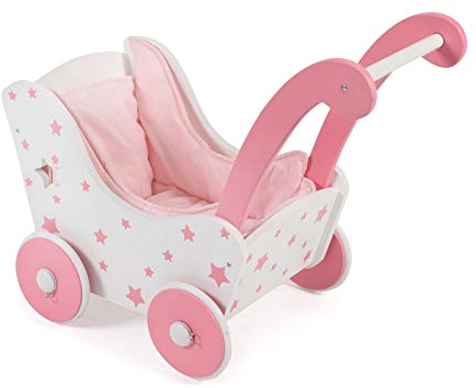 Holzpuppenwagen für Baby-Puppen bis 54 cm, Puppenwagen aus Holz, Schiebehöhe 43 cm