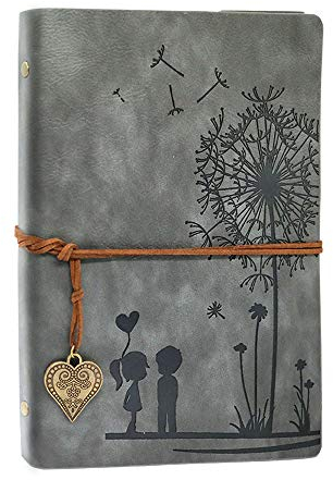 A5 Notizbuch Nachfüllbar Grau Vintage PU Leder Notebooks Reise journal Gelbe Leere Papier Tagebuch für Zeichnen Skizzieren 100 GSM 100 Blatt Romantische Geschenke für Frauen Grau