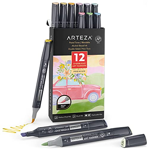 ARTEZA EverBlend Ultra Alcohol Marker Pens [Set of 12 Pastel Colours], Medium Chisel & Brush Tip, Art Supplies for Drawing & Sketching