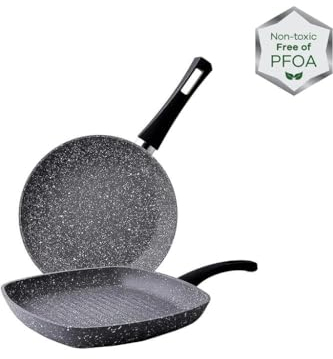 KARACA Gris Biogranite Grill Pan and Pan Set, 2 Pieces, 1 X Frying Pan 26 cm, 1 X Grill Pan 28 cm, Frying Pans, Crepe Pan Granite, Healthy Non-Stick Coating, 7X More Resisstant Against Scratches