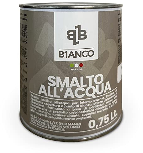 B1ANCO Smalto Bianco all'acqua opaco 750 Ml per interno e esterni, inodore, perfetto su muro, legno, ferro, alluminio e PVC, Latta da 750 ML