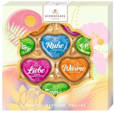 Niederegger | Herzen-Selektion | 1x 125g | Sorten Pfirsich-Matcha-Marzipan, Sahne-Nougat, Erdbeer-Prosecco-Praliné & Vanille Trüffel | Präsent Herzen