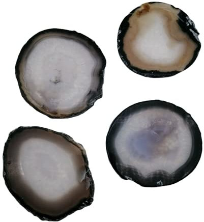 Grauer Achat-Untersetzer für Getränke, Kristallsteine, Set mit 4 Geoden-Achatscheiben mit Gummipuffern für Kaffee, Wein oder Bar-Gläser (10,2 cm - 12,7 cm)