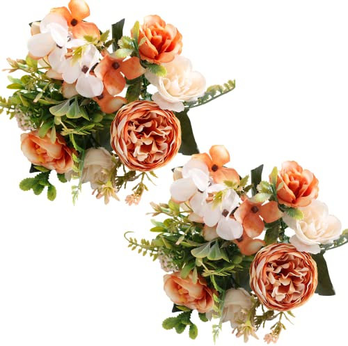 Künstliche Blumen, 2 Stück, künstliche Pfingstrosen, Seiden-Hortensien, Blumenstrauß, realistische Nelken, Beeren, Blumenarrangements, Hochzeitssträuße für Party, Heimdekoration (Orange)