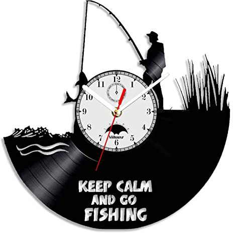 Viiluuxr Angelfans Uhr Schallplatte Startseite Fischer Yacht Dekor Display 12 ''Nicht tickend Stiller Quarz Nostalgische Uhr Angeln Themenorientierte Enthusias Geschenke. (FS A1 No LED)
