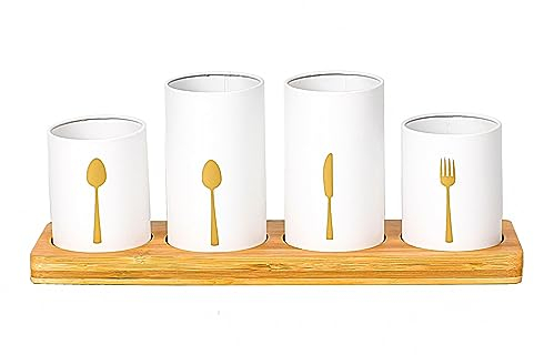 Innoteck Essentials 4pc Kitchen Cutlery Holder Set - Modern Farmhouse Kitchen Décor - Natural Bamboo - White Utensil Crock - Vintage Organiser - Kitchen Tool Caddy - Countertop Storage