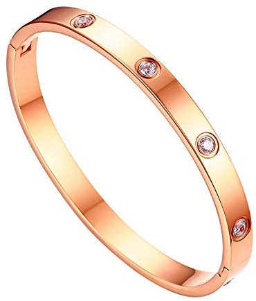 JewelryWe Schmuck Damen Armreif Edelstahl Zirkonia einfache Stil Liebe Armband 6mm breit mit Schließe größere Armspange Gravur Rosegold