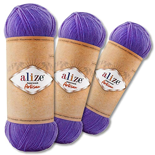 Wohnkult Alize 3 x 100 g Superwash Artisan Sockenwolle Premium 16 zur Auswahl Kontrast Häkeln Stricken (44 | Lila)