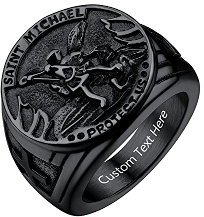 U7 Herren personalisiert Siegelring mit St. Michael der Erzengel Porträt Schwarz Katholischer Schutzpatron Ring Fingerring religiöser Modeschmuck Accessoire für Männer(Ring Größe 64)