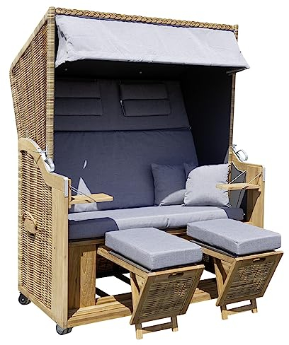 Trendyshop365 Strandkorb Echtholz Teak XL 2-Sitzer aufgebaut mit Rollen Kissen Polster Grau B-Ware mit leichten Polsterflecken (voll funktionsfähig)