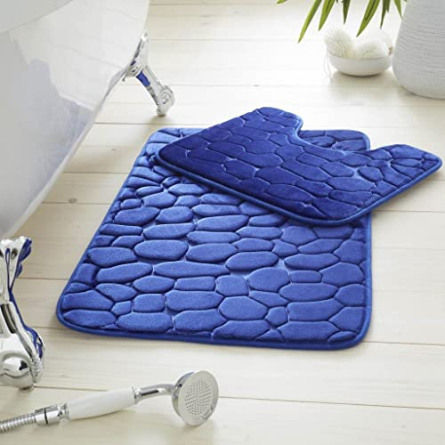 Artistic Fashionista Limited 2 Pieces Memory Foam Pebble Bath Mat Rugs for Bathroom - Non Slip - Super Soft - Extra Absorbent - Washable - Bath & Pedestal Bathroom Mats Toilet Shower Set (Royal Blue)