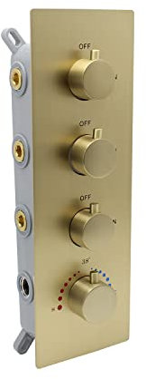 Delnet Thermostatic Shower Mixer Valve Concealed 3 Way Brushed Gold Brass Recessed 3 Outlets Shower Flow Control Diverter Valve, Can Run Simultaneously