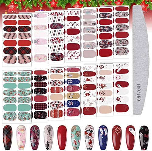 EBANKU Christmas Full Wraps Nail Strips, 14 Sheets Self Adhesive Christmas Nail Polish Stickers with Nail File (A)