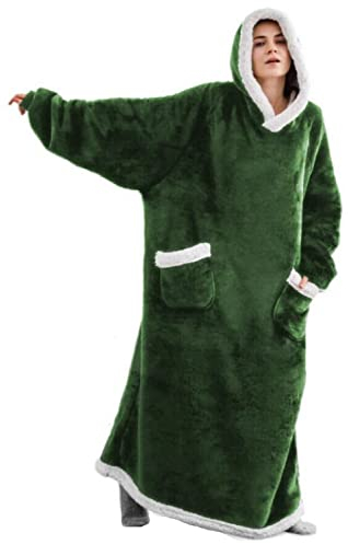 iyoimono Hoodie Decke für DamenHerren Flanell Fleece Oversized Kapuzen Pullover Sweatshirt Kuscheldecke Flauschige Sherpa TV-Decke mit Ärmeln Übergroße Tragbar Ganzkörperdecke(Dunkelgrün,150cm)