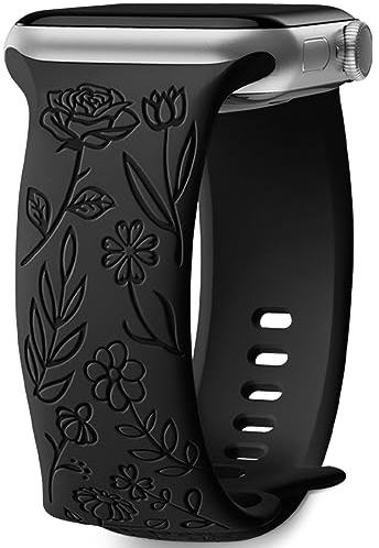 Mastten Intagliato Fiore Cinturino Compatibile con Apple Watch 42mm 44mm 45mm 49mm, Morbido Silicone Elegante Modello Rosa Nero per Apple Watch Series 9 8 7 6 5 4 3 2 1 SE