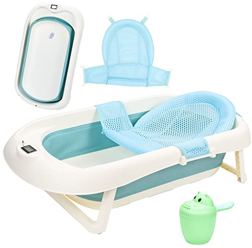 Tubiaz Bañera plegable para bebés con termómetro, cojín de baño, taza para lavar el pelo, bañera para bebés, bañera para bebés con estructura a partir de 0 – 3 años (verde)