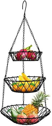 BUYGOO 3 Tier Fruit Basket Hanging Detachable,Fruit Bowl Fruit Storage Veg Fruit Vegetable Basket Fruit Racks w/ Hanger,Fruit Basket Countertop Fruit Bowl Vegetable Bread Basket Display Storage Stand